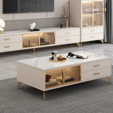 Glam White Gold Four Legs Cabinet Drawers Coffee Table Image - 3