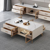 Glam White Gold Four Legs Cabinet Drawers Coffee Table Image - 4