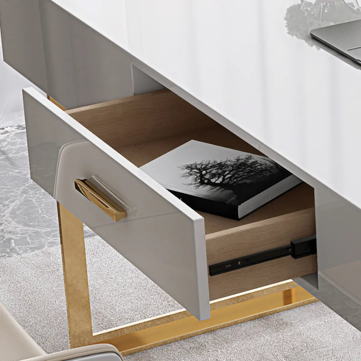 Glam White Gold Rectangle Drawers Sled Computer Desk Image - 7