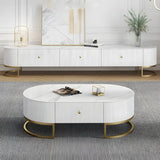 Glam White Stone Enclosed Storage Long Length TV Stand Image - 4