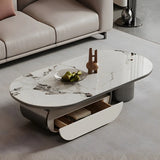 Glam White Stone Oval Drawers Shelves Coffee Table Image - 2