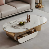 Glam White Stone Oval Drawers Shelves Coffee Table Image - 3