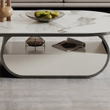 Glam White Stone Oval Drawers Shelves Coffee Table Image - 8