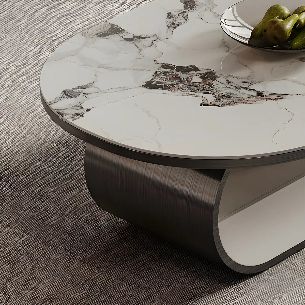 Glam White Stone Oval Drawers Shelves Coffee Table Image - 9