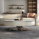 Glam White Stone Oval Storage Steel Base Coffee Table Image - 1