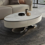 Glam White Stone Oval Storage Steel Base Coffee Table Image - 2