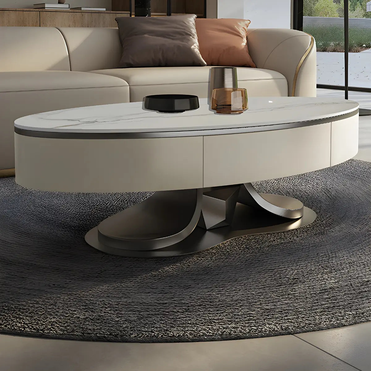 Glam White Stone Oval Storage Steel Base Coffee Table Image - 3