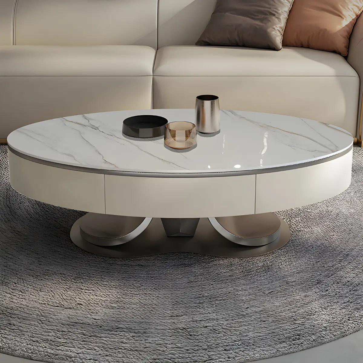 Glam White Stone Oval Storage Steel Base Coffee Table Image - 4