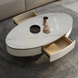 Glam White Stone Oval Storage Steel Base Coffee Table Image - 5