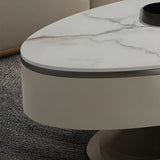 Glam White Stone Oval Storage Steel Base Coffee Table Image - 7