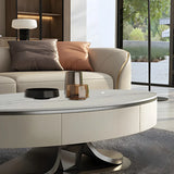 Glam White Stone Oval Storage Steel Base Coffee Table Image - 8