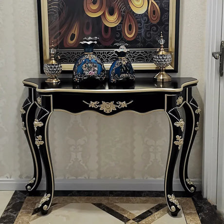 Glam Wood Free Form Black-Gold Curved Console Table Image - 1