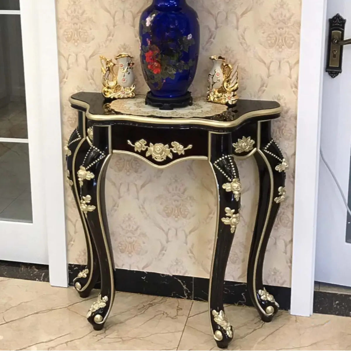 Glam Wood Free Form Black-Gold Curved Console Table Image - 15