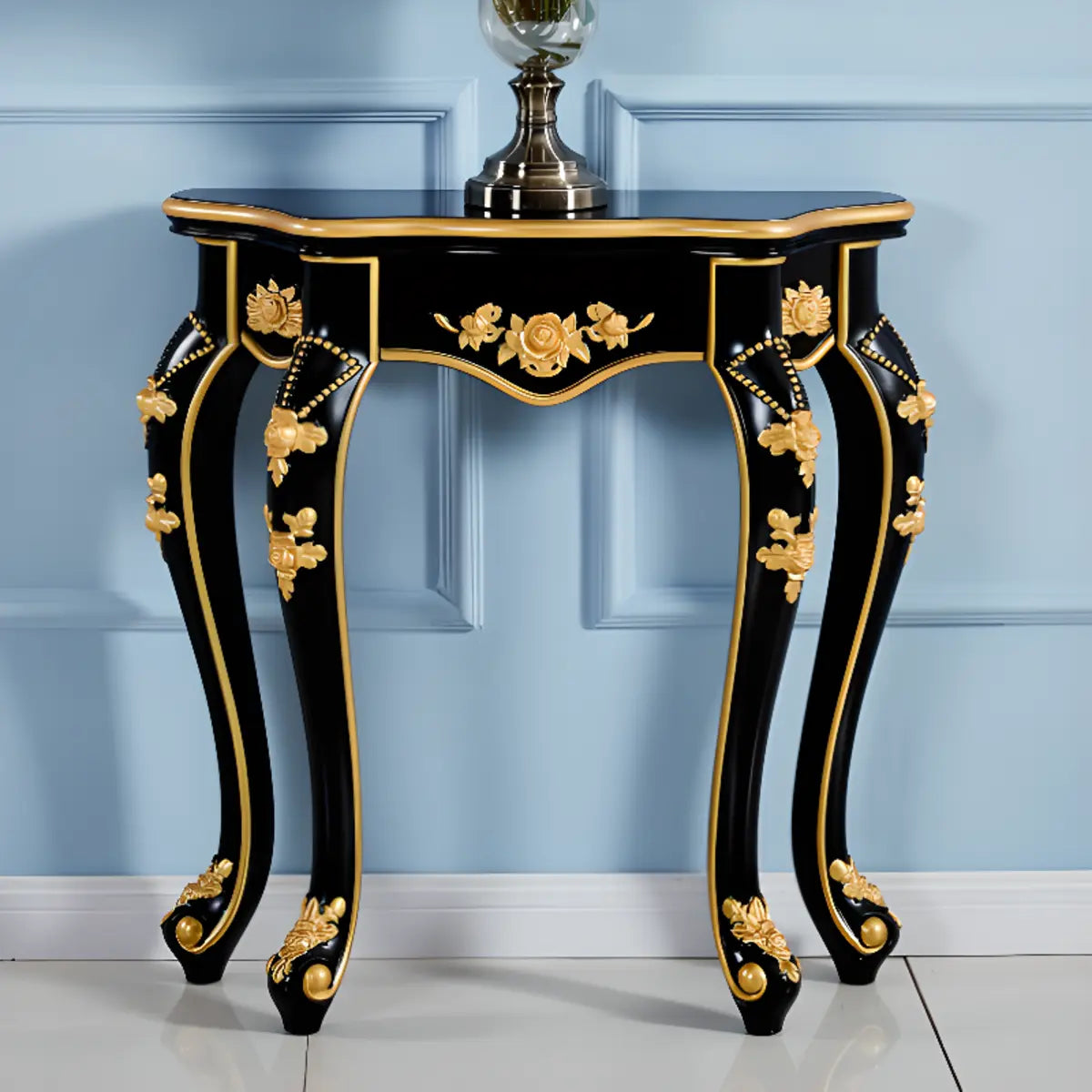 Glam Wood Free Form Black-Gold Curved Console Table Image - 17