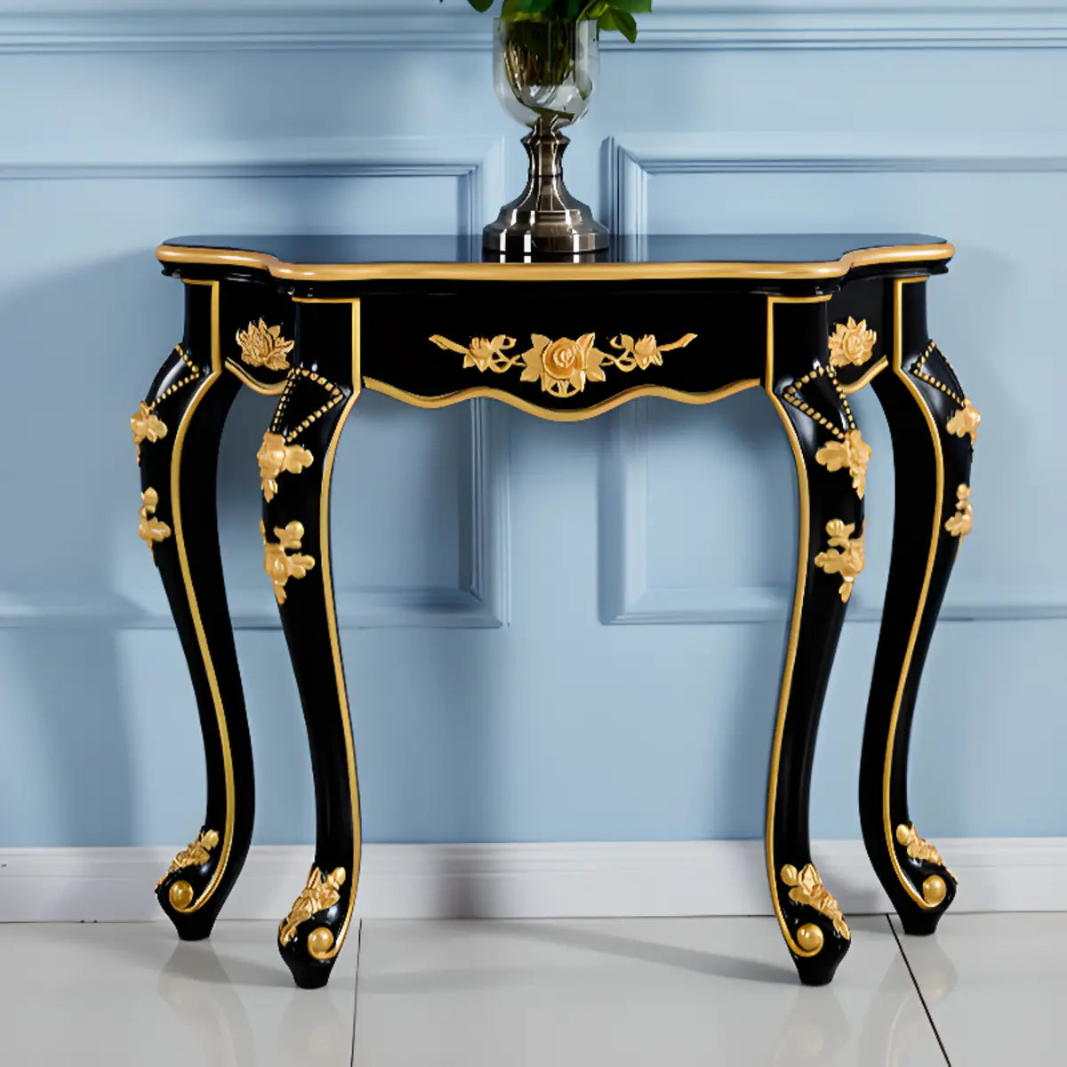 Glam Wood Free Form Black-Gold Curved Console Table Image - 21