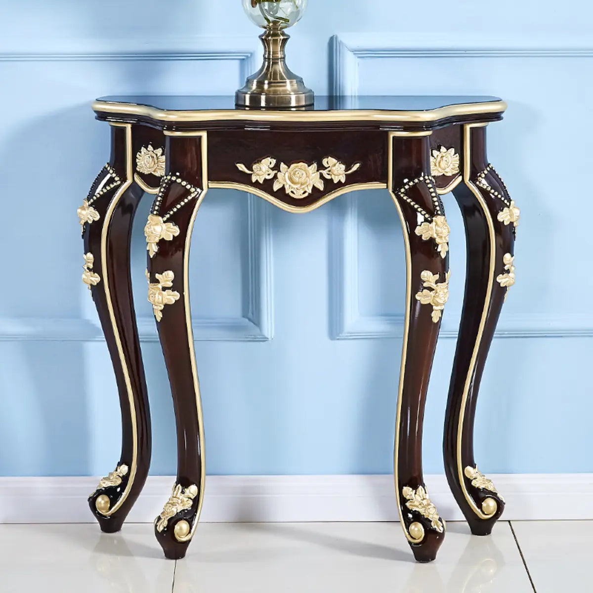 Glam Wood Free Form Black-Gold Curved Console Table Image - 4