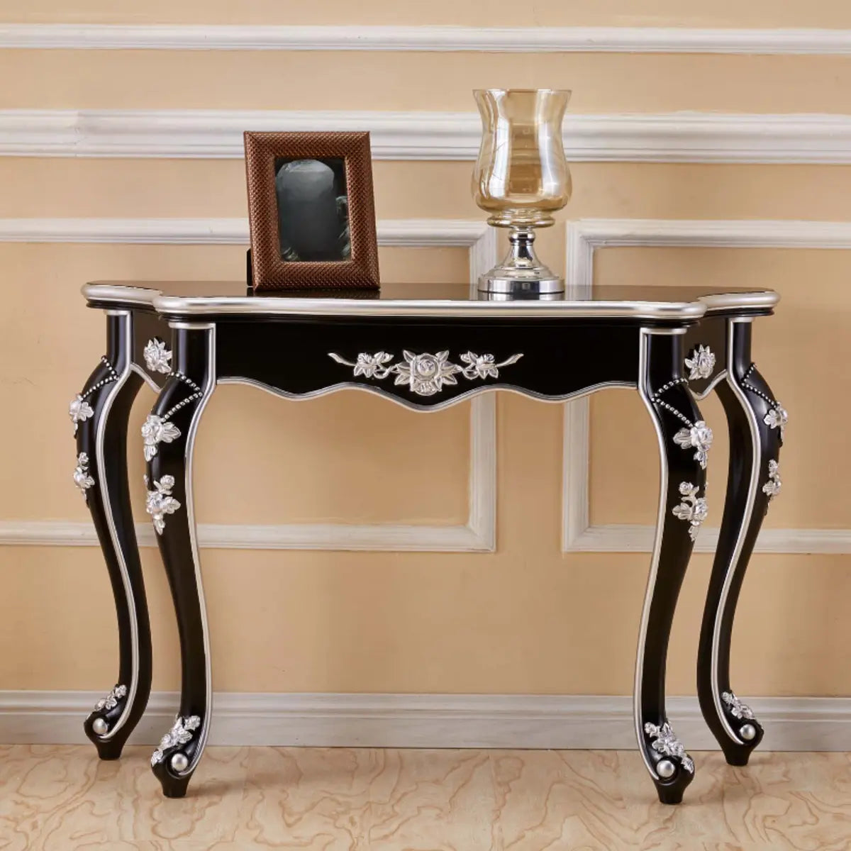 Glam Wood Free Form Black-Gold Curved Console Table Image - 6