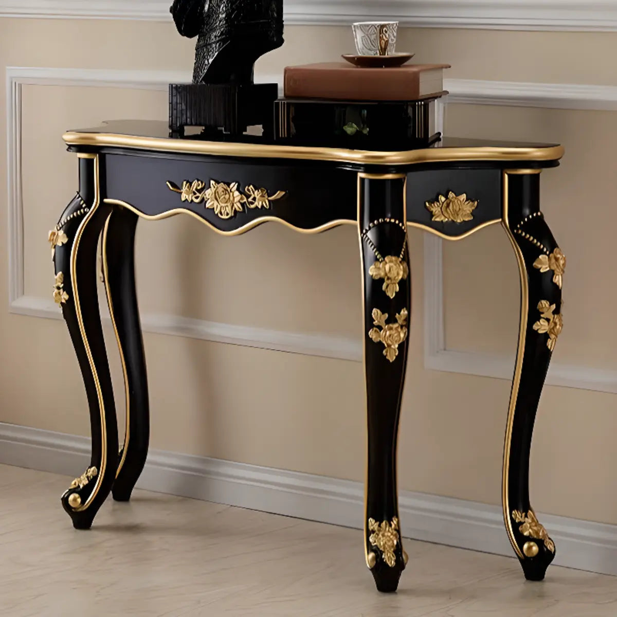 Glam Wood Free Form Black-Gold Curved Console Table Image - 7