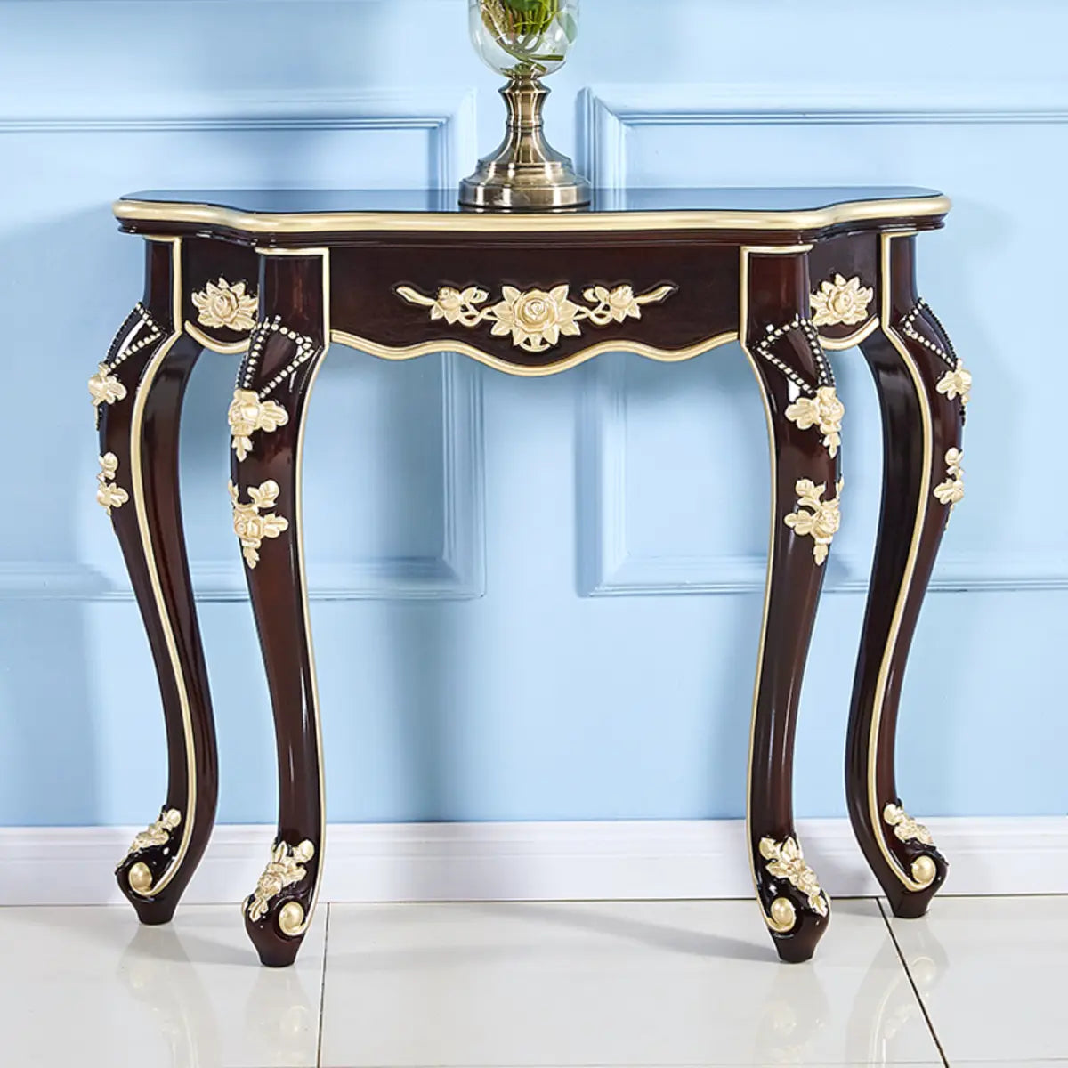 Glam Wood Free Form Black-Gold Curved Console Table Image - 8