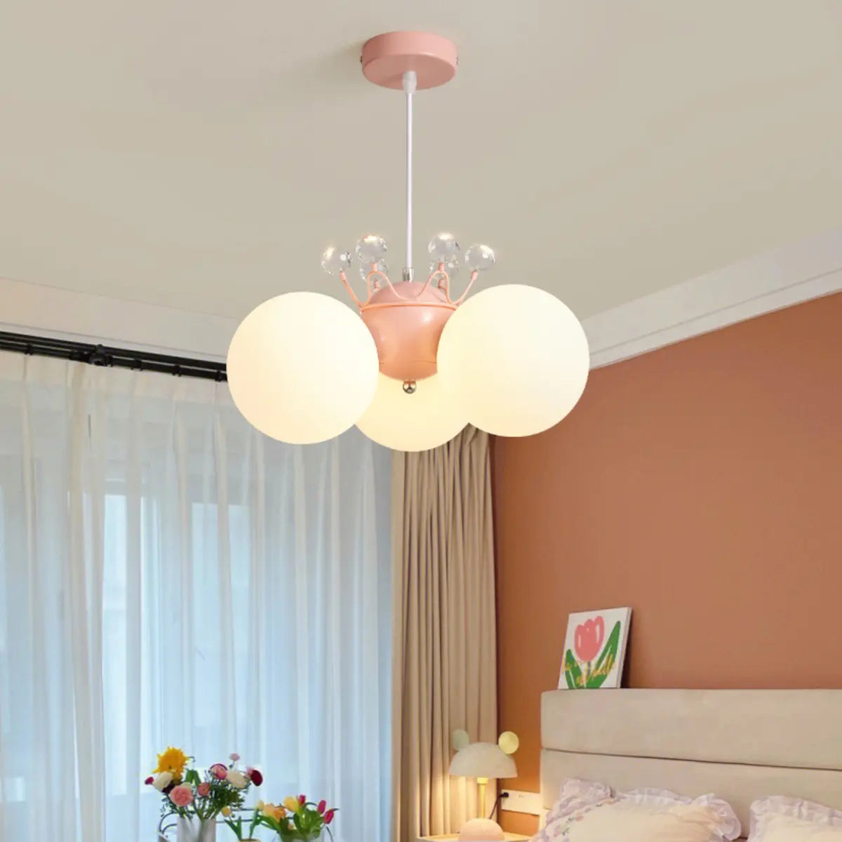 Glass Ball Crown White 3-Light Resin Kids Room Chandelier Image - 4