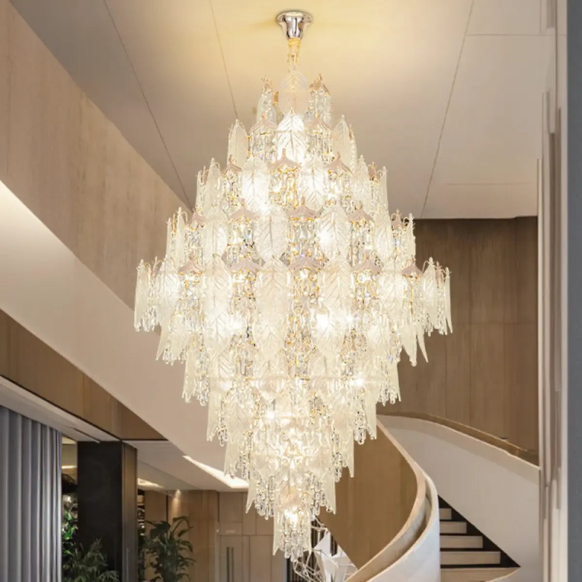 Glass Leaf Crystal Clear Tiered Large Foyer Chandelier Image - 1