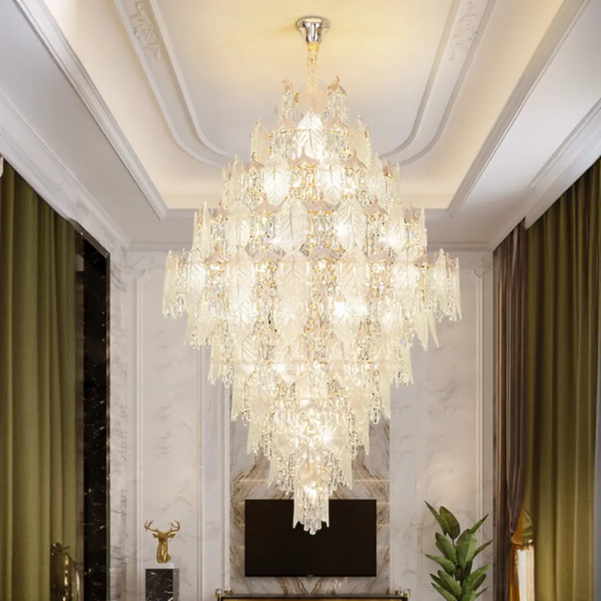 Glass Leaf Crystal Clear Tiered Large Foyer Chandelier Image - 4