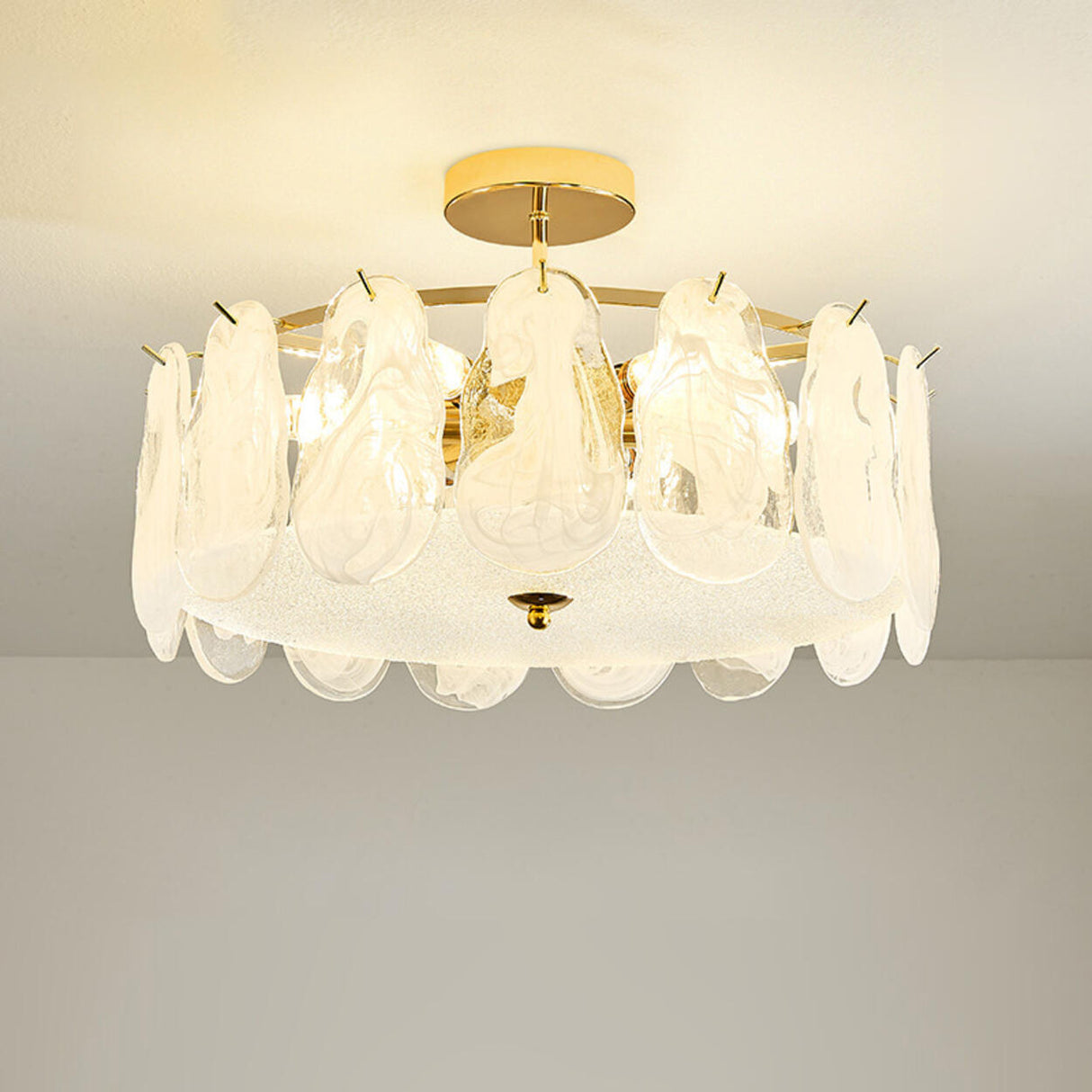 Glass Leaf Gold-White Semi-Flush Mount Ceiling Light Image - 11