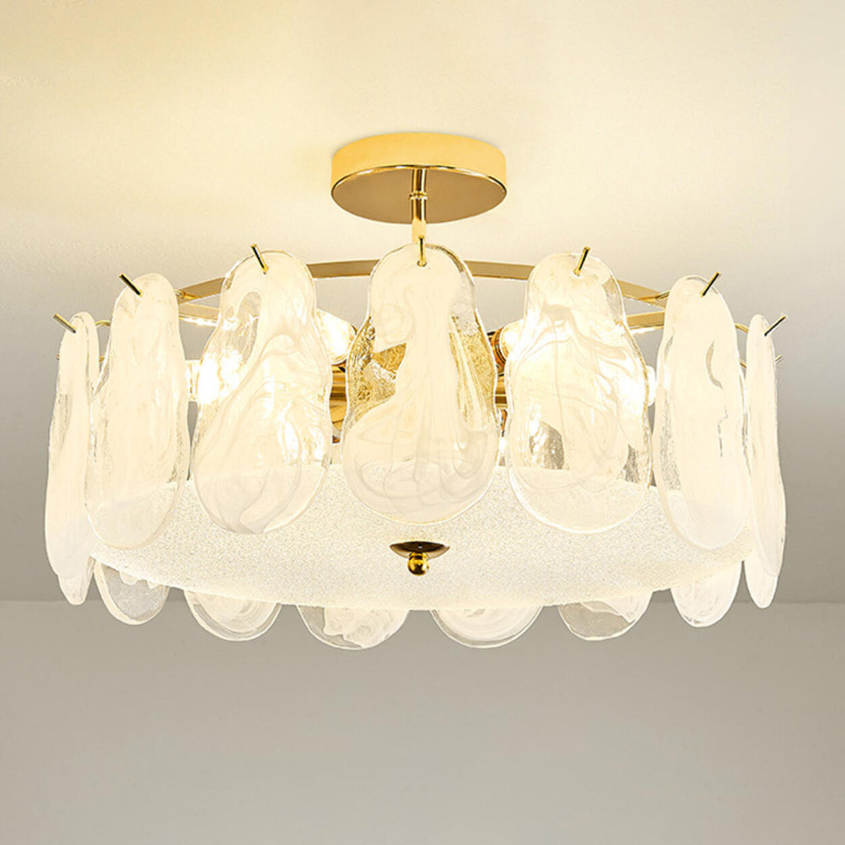 Glass Leaf Gold-White Semi-Flush Mount Ceiling Light Image - 12