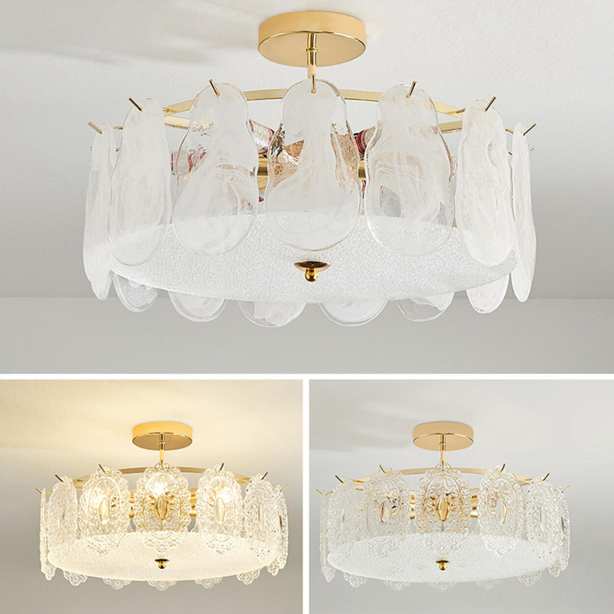 Glass Leaf Gold-White Semi-Flush Mount Ceiling Light Image - 13