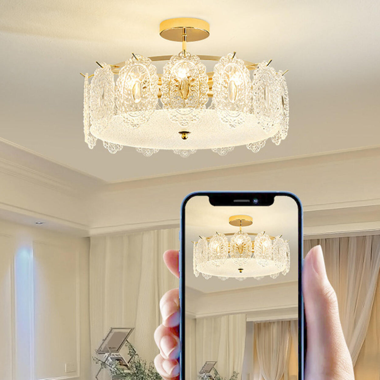 Glass Leaf Gold-White Semi-Flush Mount Ceiling Light Image - 21