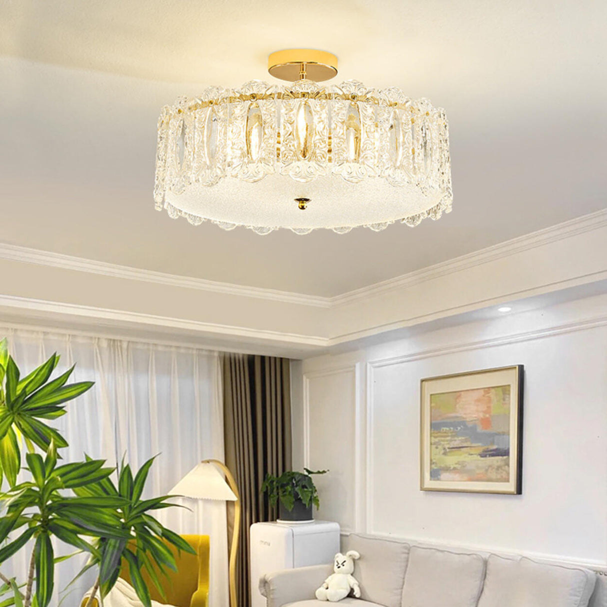 Glass Leaf Gold-White Semi-Flush Mount Ceiling Light Image - 3