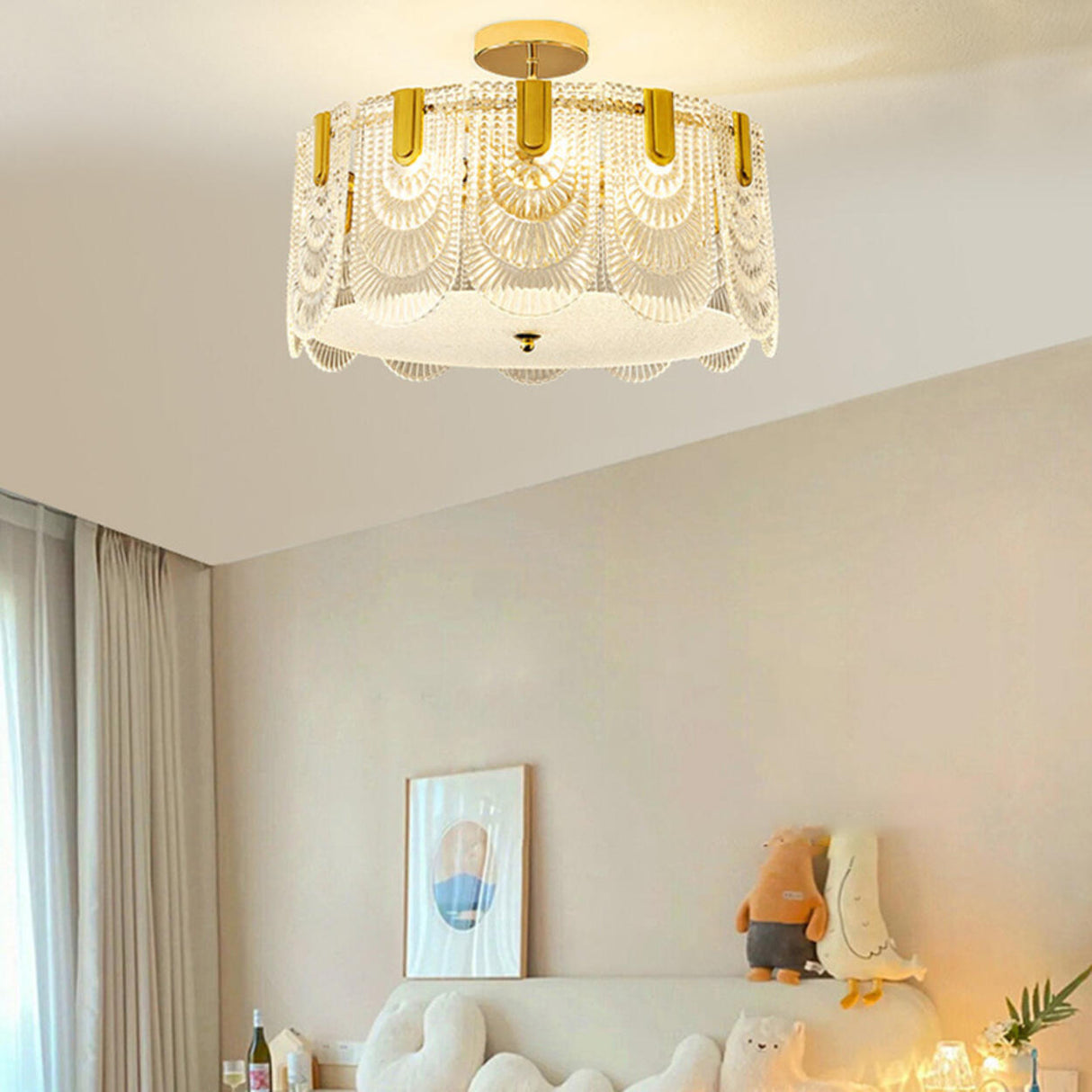 Glass Leaf Gold-White Semi-Flush Mount Ceiling Light Image - 30