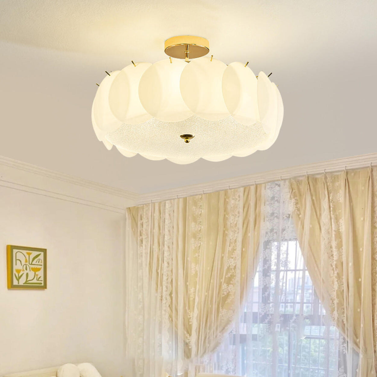 Glass Leaf Gold-White Semi-Flush Mount Ceiling Light Image - 5