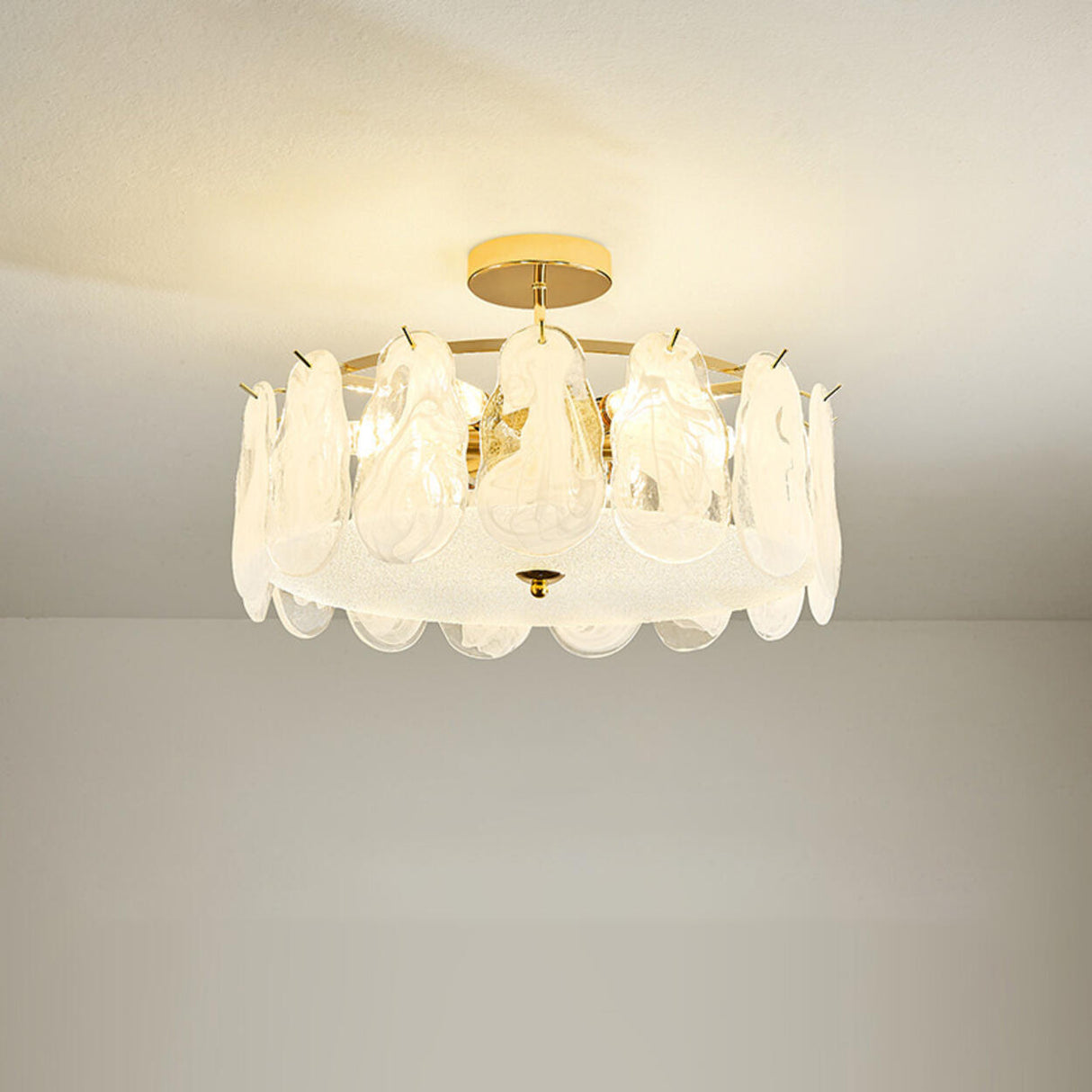 Glass Leaf Gold-White Semi-Flush Mount Ceiling Light Image - 7