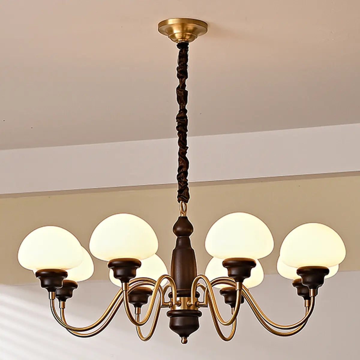 Glass Mushroom Curve Arm Beige Living Room Chandelier Image - 11