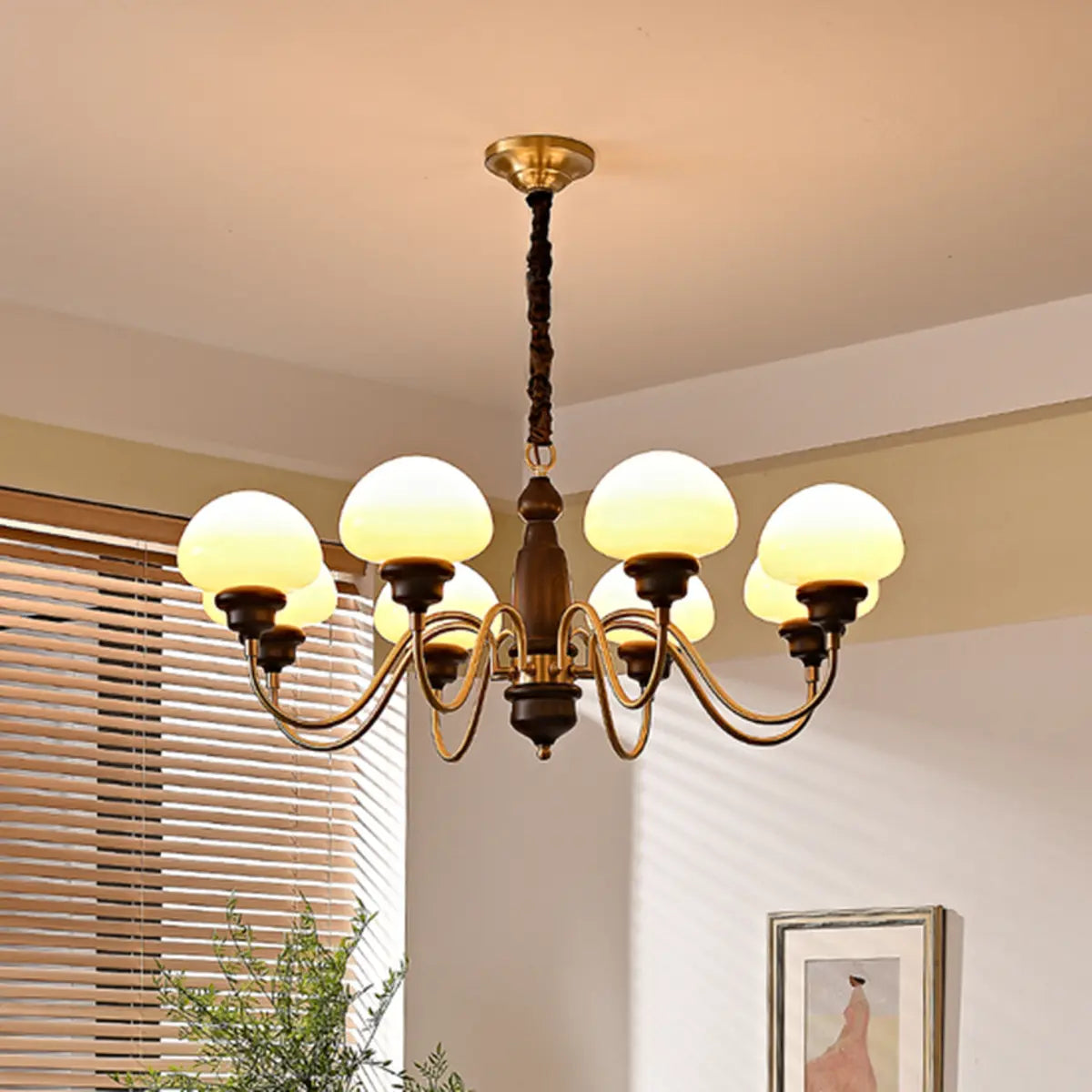 Glass Mushroom Curve Arm Beige Living Room Chandelier Image - 6