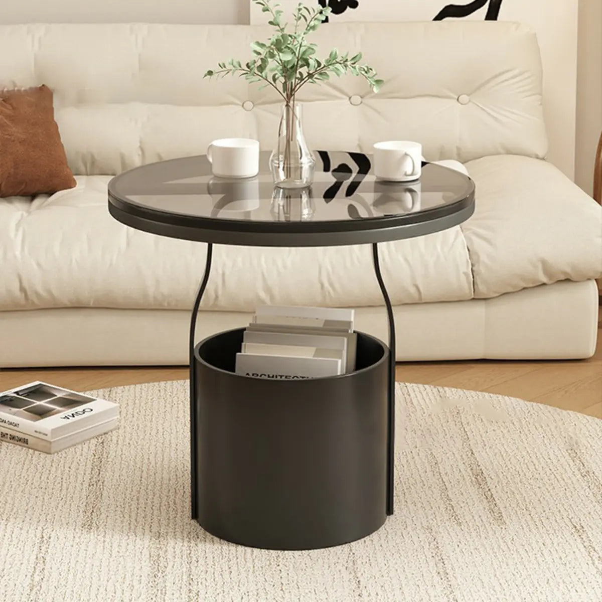 Glass Round Storage Iron Pedestal Standard Coffee Table Image - 5