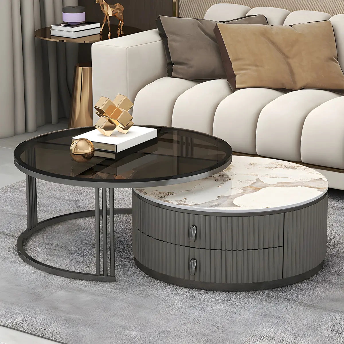 Glass Stone Nesting Round Coffee Table with Drawers Image - 13