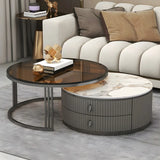 Glass Stone Nesting Round Coffee Table with Drawers Image - 15