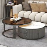 Glass Stone Nesting Round Coffee Table with Drawers Image - 18