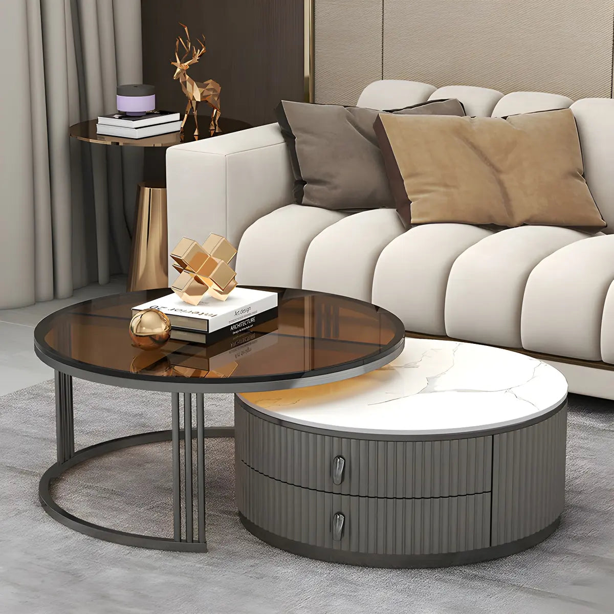 Glass Stone Nesting Round Coffee Table with Drawers Image - 19