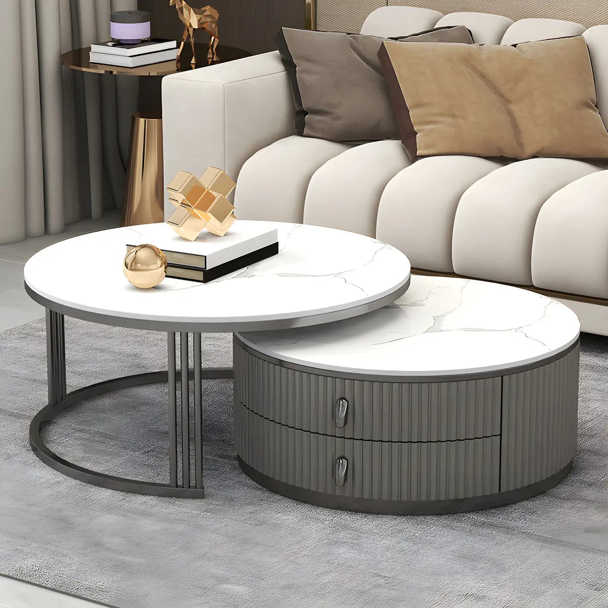 Glass Stone Nesting Round Coffee Table with Drawers Image - 2