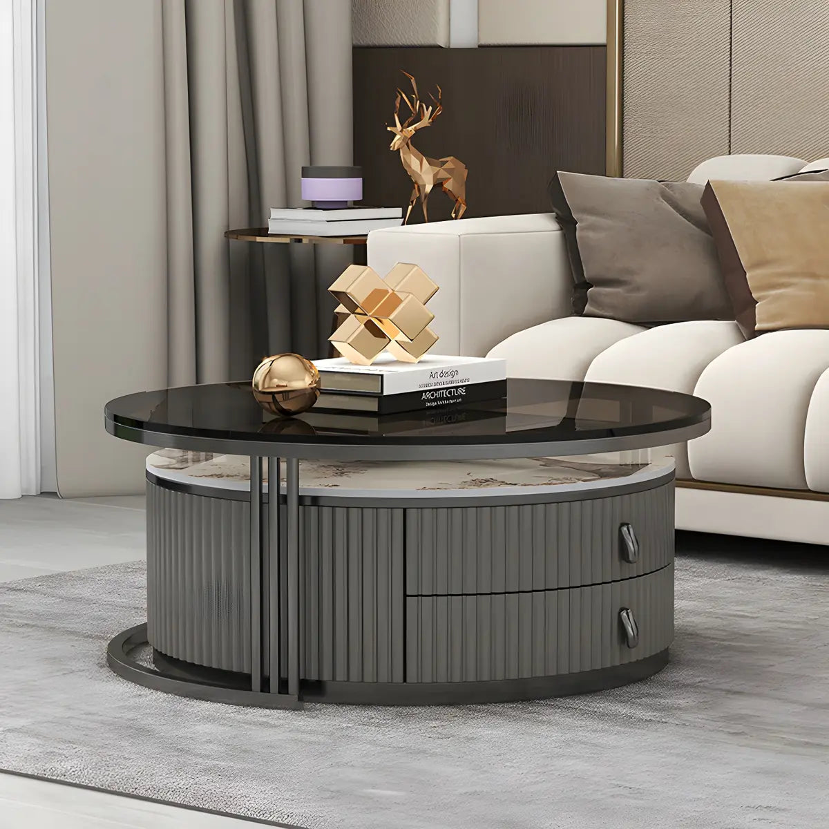 Glass Stone Nesting Round Coffee Table with Drawers Image - 22