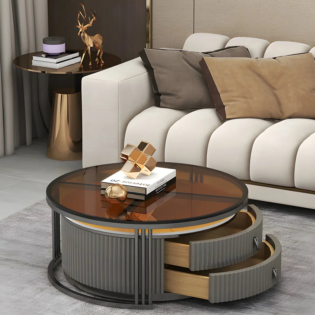 Glass Stone Nesting Round Coffee Table with Drawers Image - 24