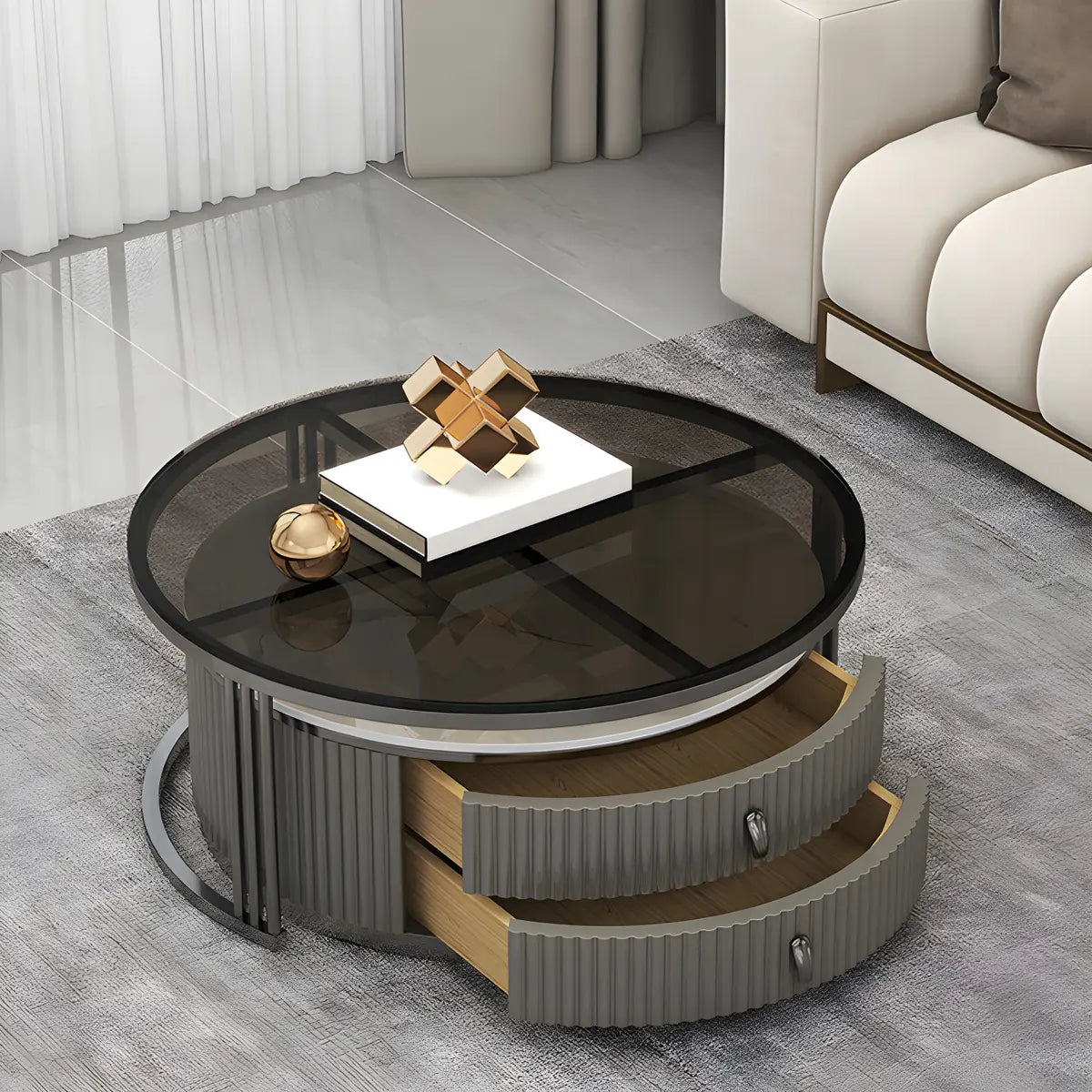 Glass Stone Nesting Round Coffee Table with Drawers Image - 25