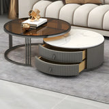 Glass Stone Nesting Round Coffee Table with Drawers Image - 4