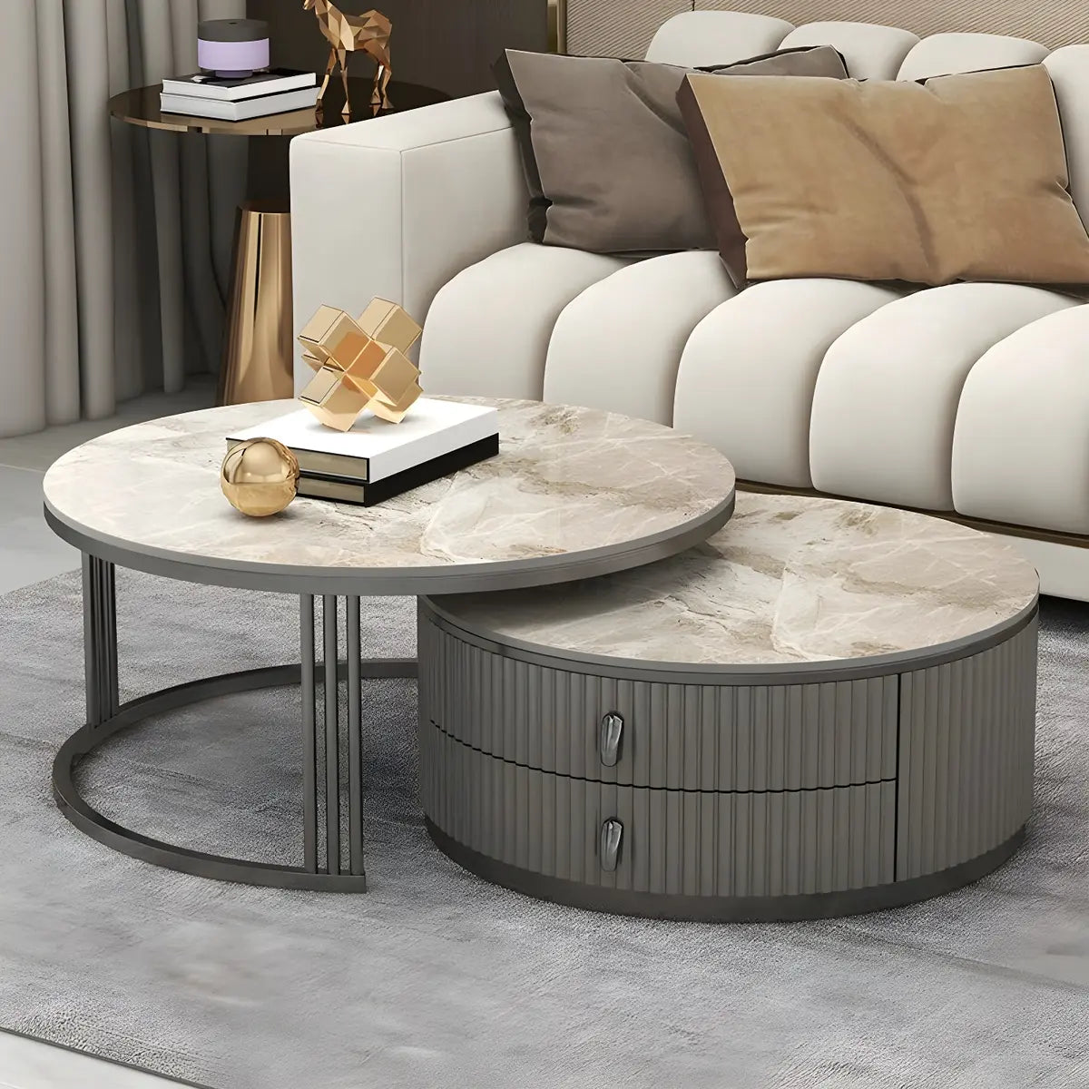 Glass Stone Nesting Round Coffee Table with Drawers Image - 5