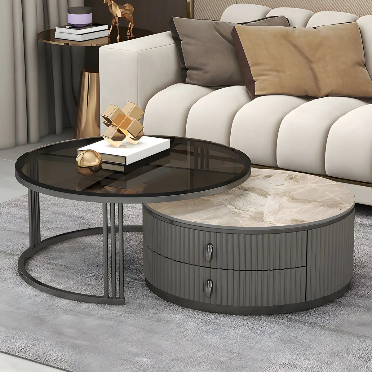 Glass Stone Nesting Round Coffee Table with Drawers Image - 8