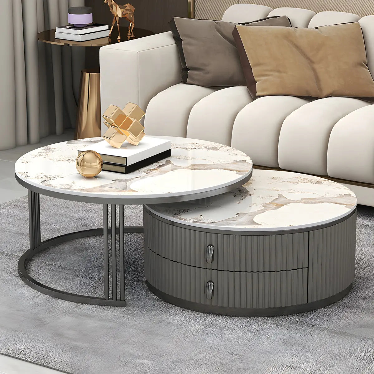 Glass Stone Nesting Round Coffee Table with Drawers Image - 9