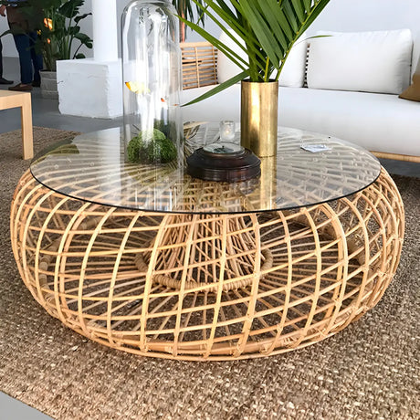 Glass Top Gold Wicker Rattan Outdoor Coffee Table Image - 1